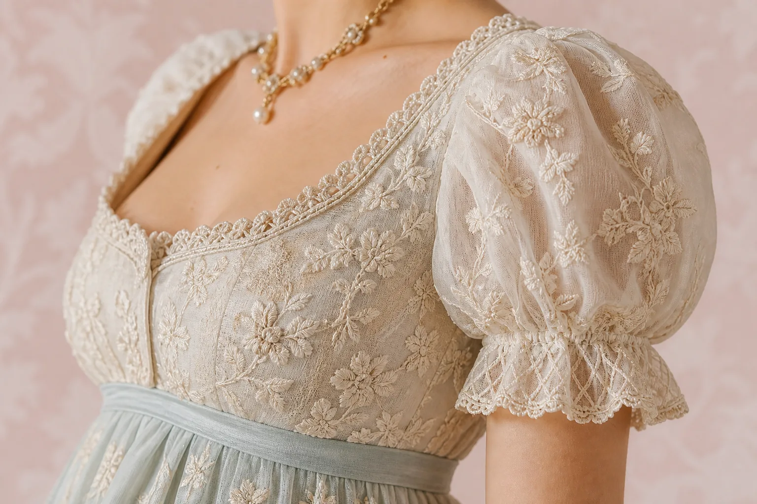 Lace bodice and puff sleeve detail on a pastel Regency-style dress
