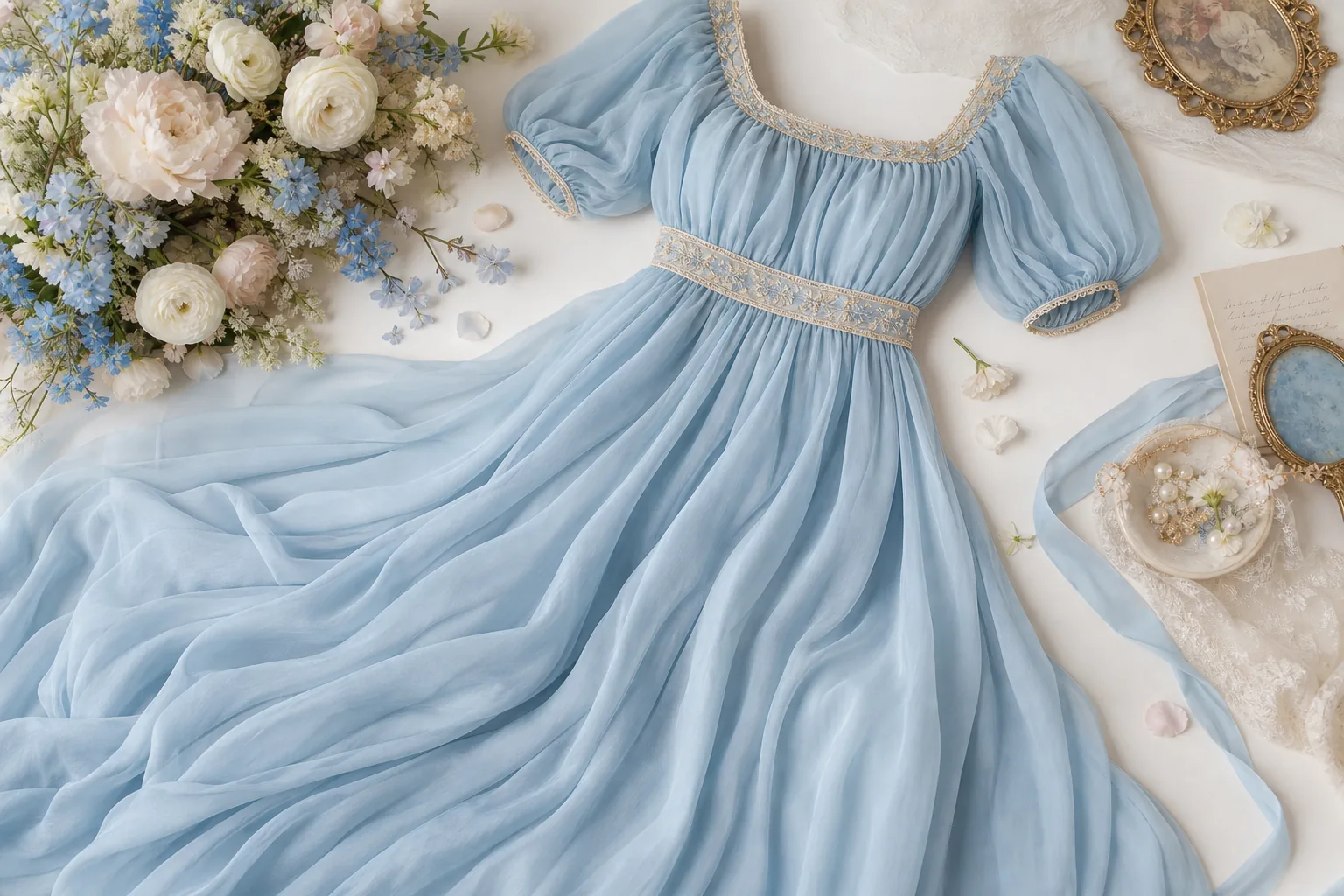 Flowing blue empire waist skirt with soft floral styling