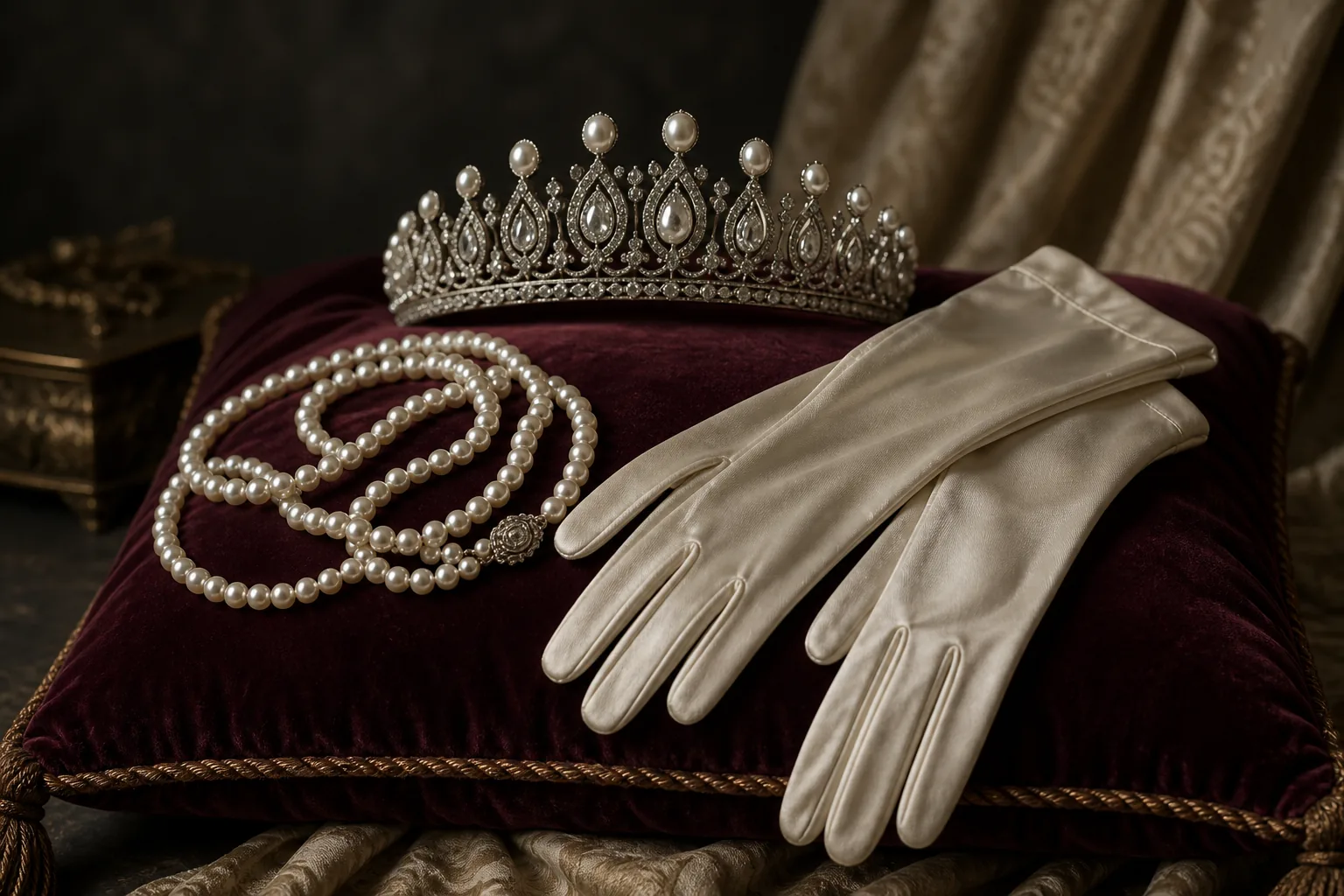 Pearl jewellery and opera gloves flat lay with tiara