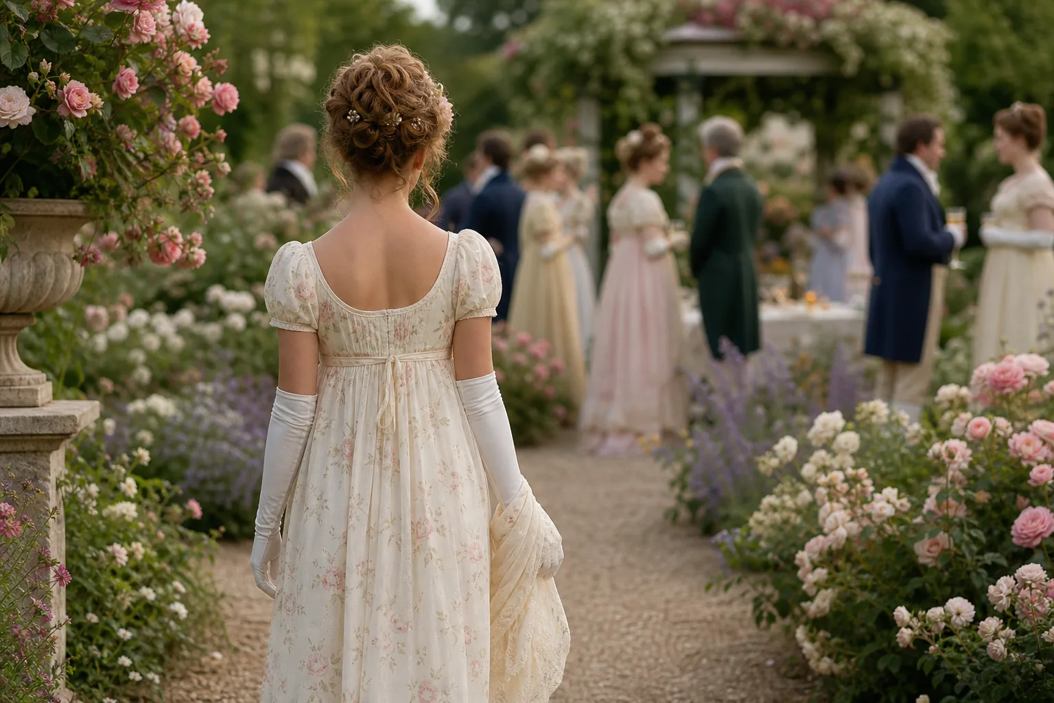 Back view of attendee in empire gown walking through garden