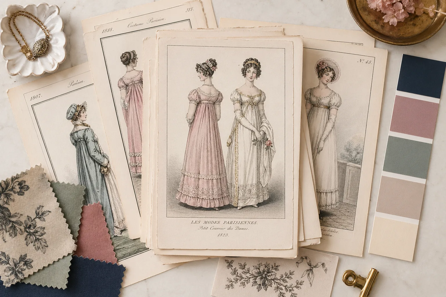 Vintage fashion illustrations with colour palettes for Regency-inspired outfits