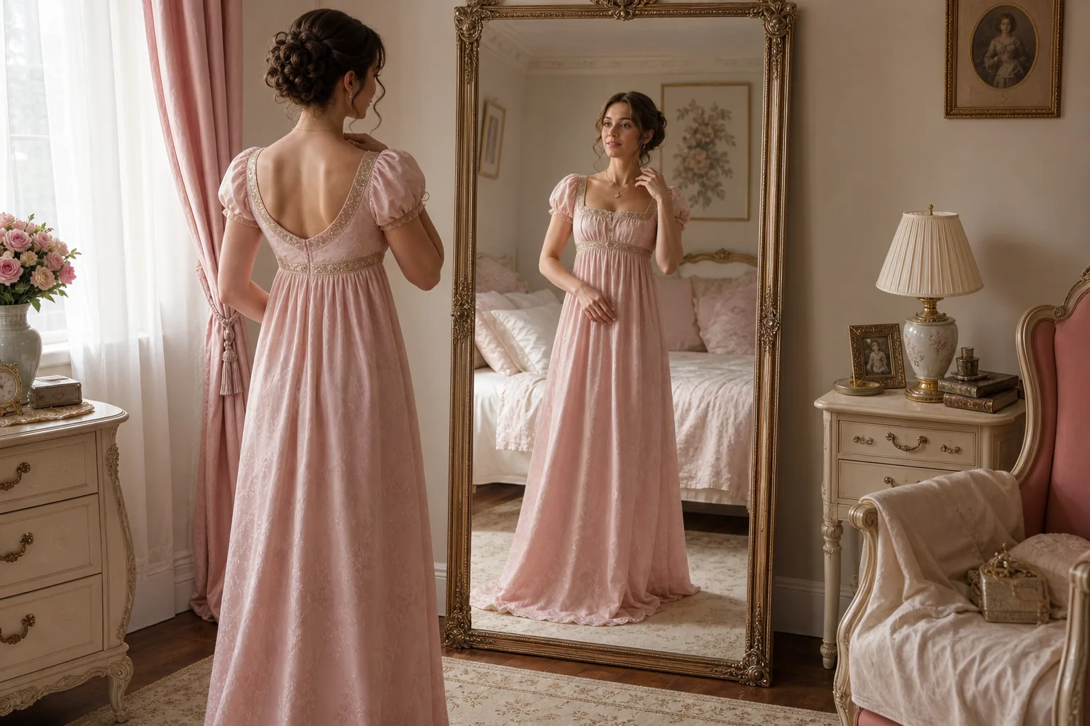 Mirror reflection of blush pink Bridgerton-inspired dress while getting ready